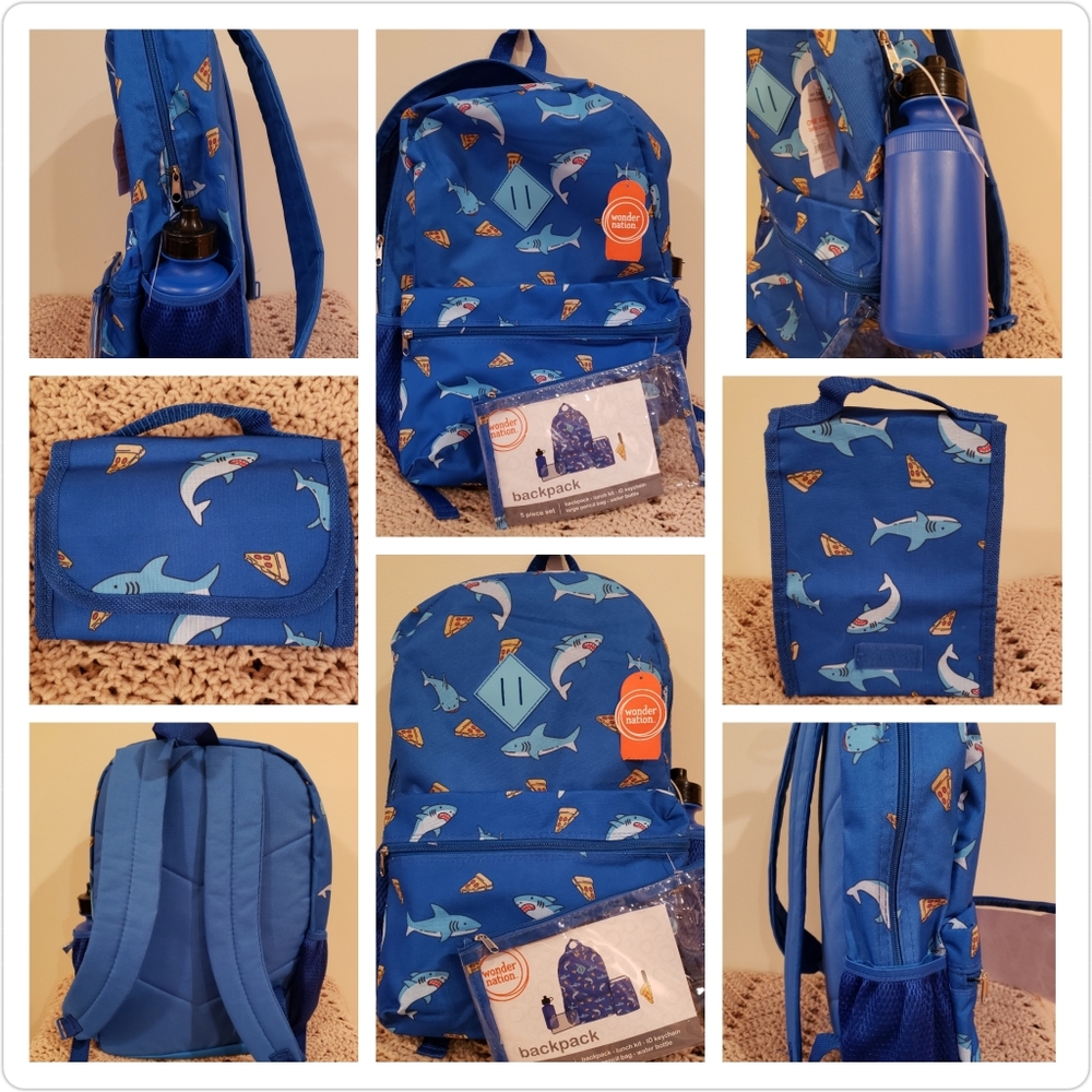 Kids Blue Pizza Shark Backpack 4 Piece Set NWT
